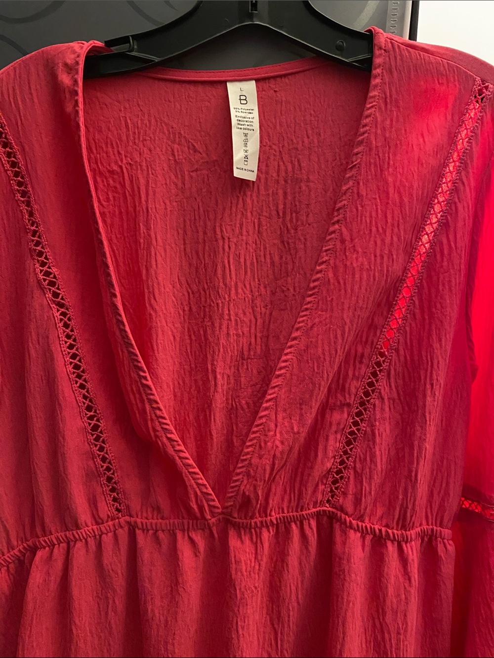 Deep Red V-Neck Women's Cover Up Dress with Lace Trim